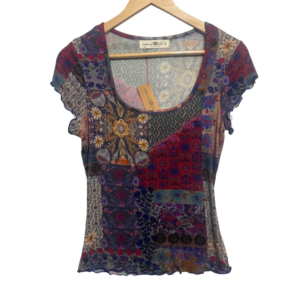 Natural Life Patchwork Top Womens Small Multi New Boho Floral Lettuce Edge Tee - Picture 2 of 7